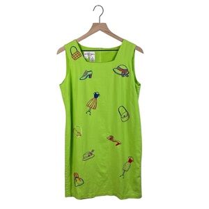 Vintage Betsy's Things Linen Rayon Dress Women's Size 10 Petite Lime Green Artsy